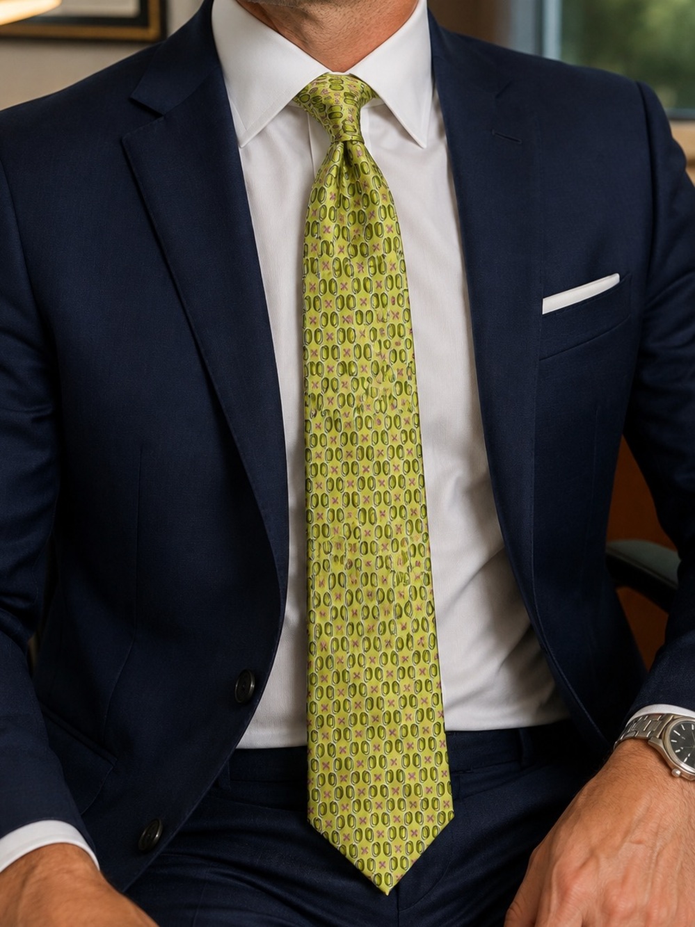 Ermenegildo Zegna 100% Silk Tie Green Lime Geometric Floral Made in Italy